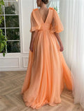 Orange Tulle Prom Dresses V-neck A-line Wedding Dress Elegant Half Sleeves Floor-Length Side High Split Vestidos De Fiesta