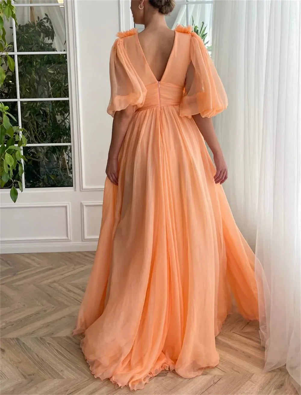 Orange Tulle Prom Dresses V-neck A-line Wedding Dress Elegant Half Sleeves Floor-Length Side High Split Vestidos De Fiesta