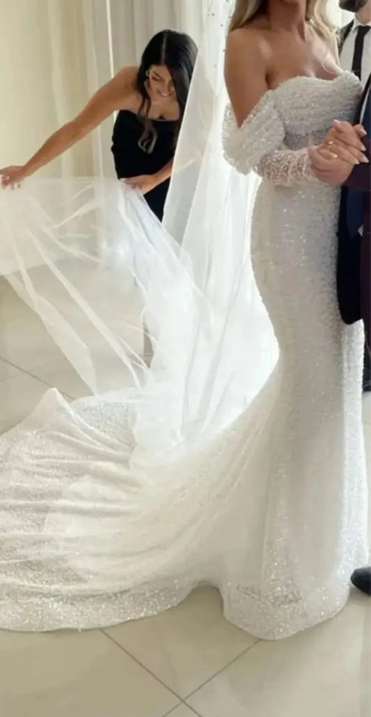 Glitter Sequins Wedding Dresses Luxury Off The Shoulder Bodycon Corset Long Sleeves Wedding Gowns Mermaid Bride Dress