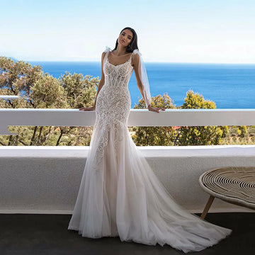 Lace Boho Mermaid Wedding Dresses Corset Strap Backless Sweetheart Appliques Tulle Formal Women Beach Bridal Gowns Pink