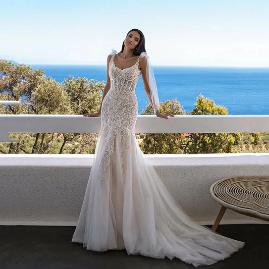Lace Boho Mermaid Wedding Dresses Corset Strap Backless Sweetheart Appliques Tulle Formal Women Beach Bridal Gowns Pink