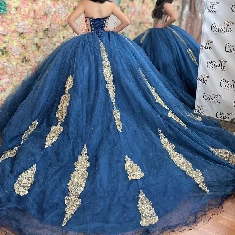 Shiny Navy Blue Quinceanera Dresses Gold Lace Appliques Vestidos De 15 Anos Princess Cinderella Birthday Party