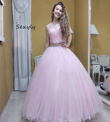 Princess Pink Quinceanera Dresses With Beaded Crystal Two Pieces A Line Sweet 16 Dress Tulle Vestidos De 15 Años PartyCustomized Pink