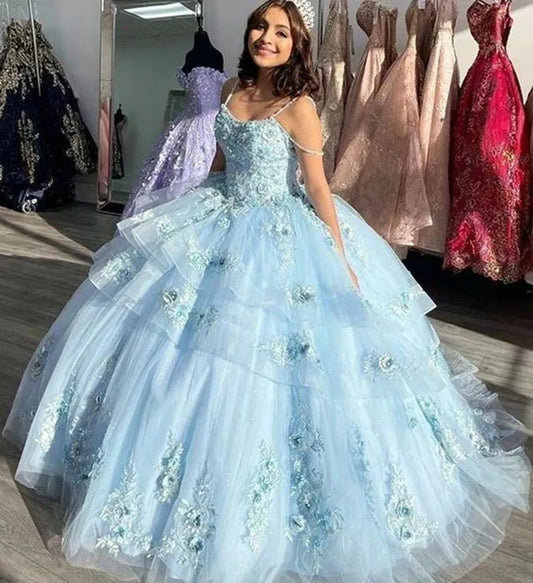 Light Blue Flower Appliques Ball Gown Quinceanera Dresses Off-shoulder Vestidos De 15 Años Corset Back Blue