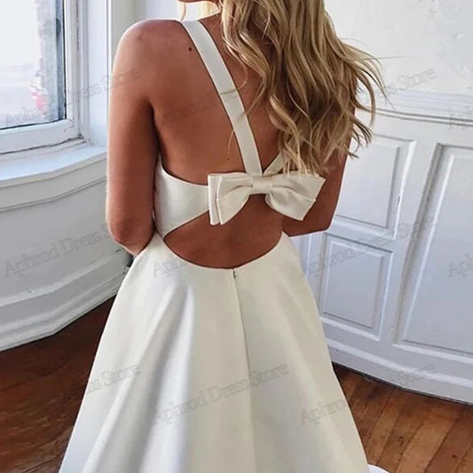 Simple Wedding Dresses A-Line Satin Bridal Gown Bow Decorate Spaghetti Straps Sexy Sleeveless Deep V-Neck Vestidos De Novia
