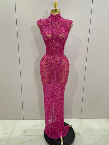 Sexy Sparkly Crystal Diamonds Mesh See Through Long Dress Women Elegant Party Costume Singer Stage Performance Outfit Rose Red