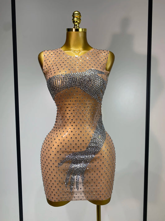 Sexy Sparkly Diamonds Mesh Transparent Stretch Mini Dress Women Evening Party Luxury Birthday Nigthclub Stage Performance Outfit Khaki