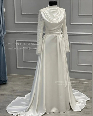 Muslim Classy Arabic Wedding Dress High Neck Beaded Bride Dresses Long Sleeves Customized Muslim Bridal Gowns Vestido De Noiva
