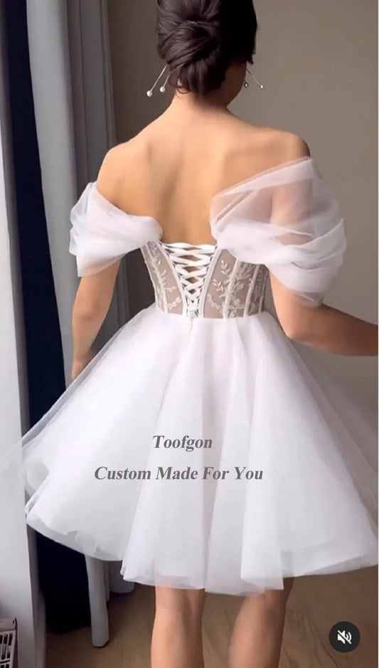 Toofgon Simple Short Bride Wedding Dresses Appliques Lace Sweetheart Corset Back Formal Party Dress A Line Princess Bridal Gowns