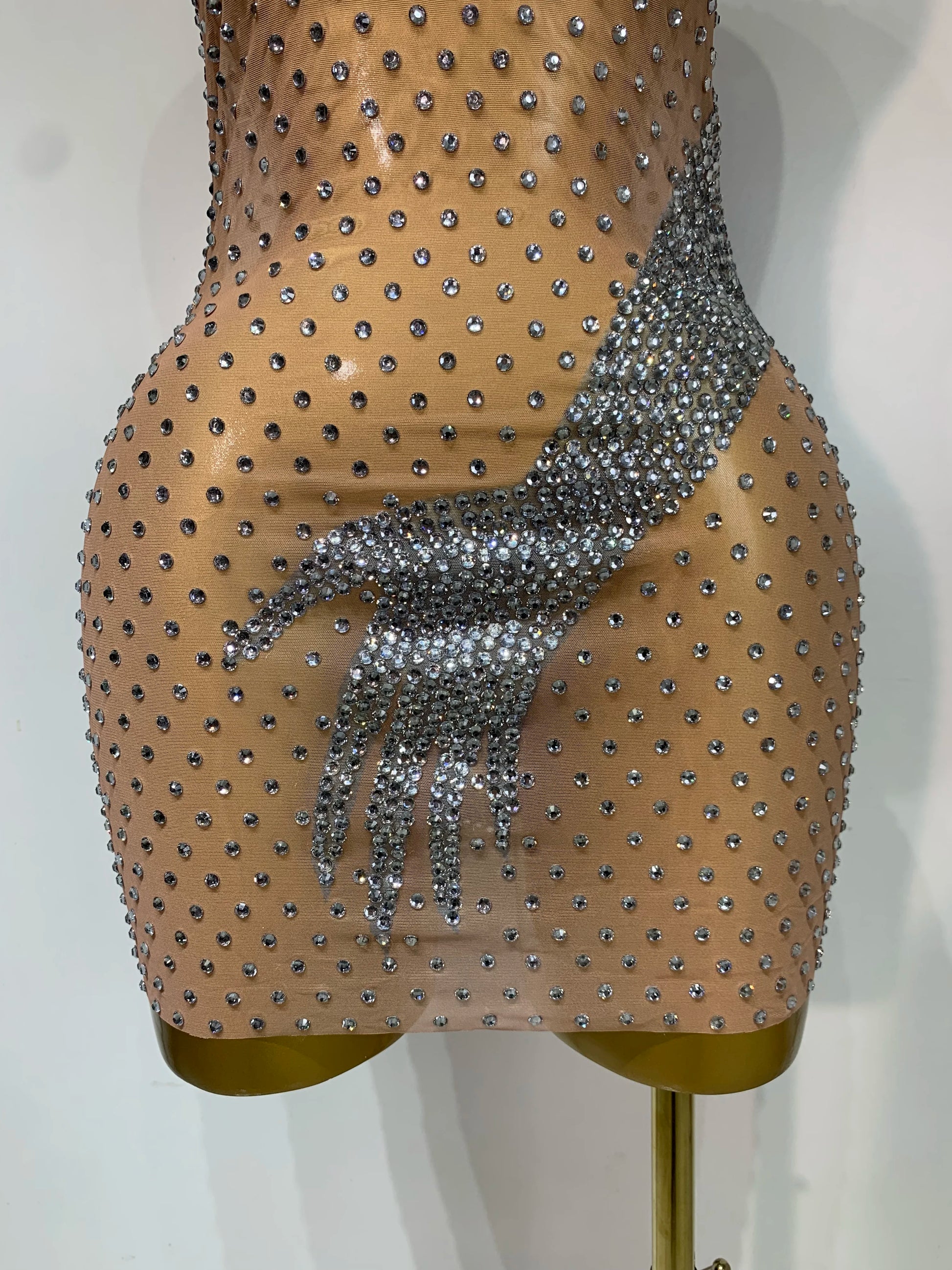 Sexy Sparkly Diamonds Mesh Transparent Stretch Mini Dress Women Evening Party Luxury Birthday Nigthclub Stage Performance Outfit