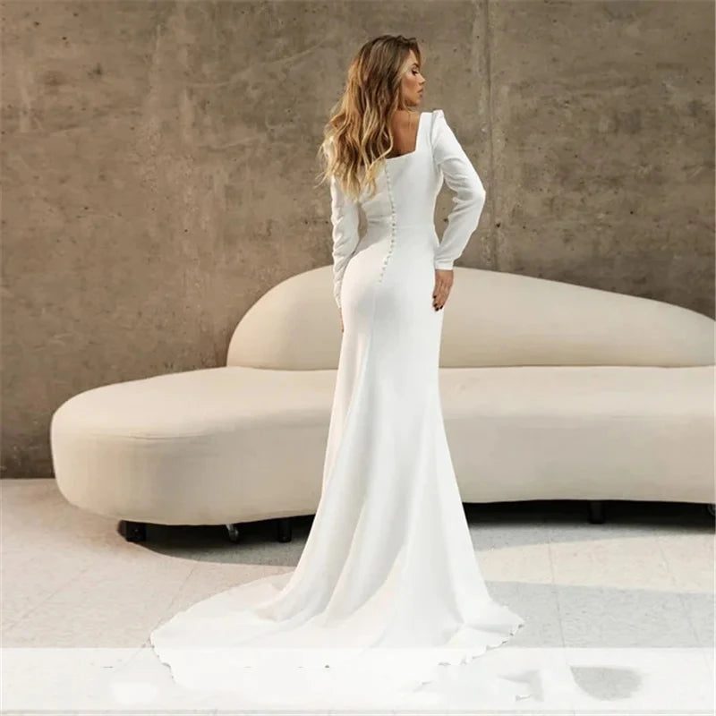 Elegant Satin Wedding Dresses For Women Long Sleeves Mermaid Square Collar Bridal Gowns Luxury Robes Vestidos De Novia