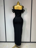Women Luxury Designer Crystal Black Bandage Dress Elegant Off Shoulder Maxi Long Birhtday Celebrity Evening Party Club Gowns