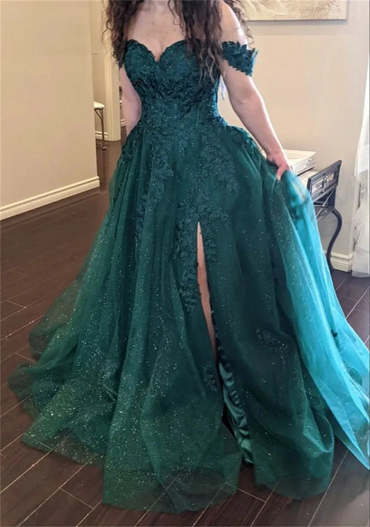 Sexy Off Shoulder A-line Shiny Dark Green Vestidos De Noche Side Split Lace Embroidery Puffy Prom Dresses