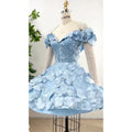 Amanda Light Blue Mini Prom Gown Off the Shoulder Evening Formal Elegant Sleeveless Short Lace-up Back Party Dresses