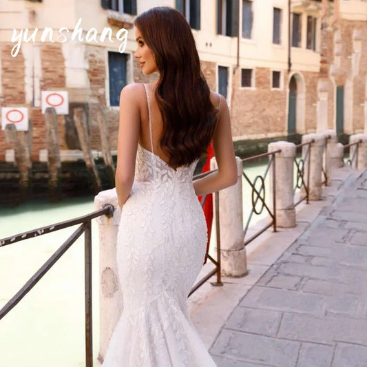 Yunshang Luxury Mermaid Wedding Dress White Lace Open Back Sweetheart Spaghetti Strap Bridal Gown Sweep Train Vestidos De Novia