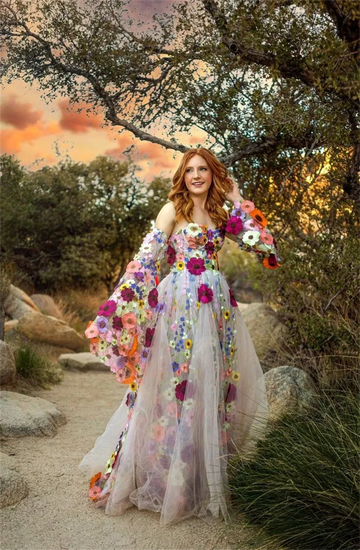 Princess Lace Embroid Prom Dress Trumpet Sleeve A-line Sweet 3D Flower Embroid Vestidos De Noche