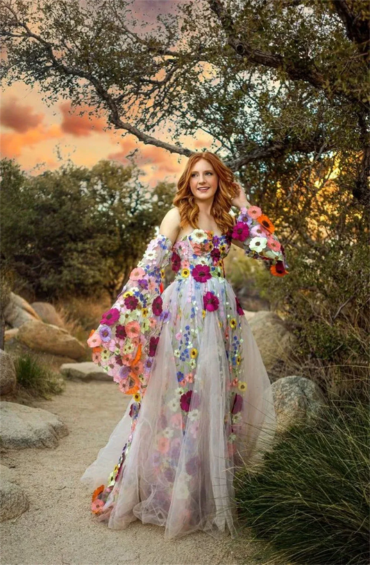 Princess Lace Embroid Prom Dress Trumpet Sleeve A-line Sweet 3D Flower Embroid Vestidos De Noche