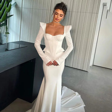 Mermaid Satin Wedding Dresses Long Sleeves Corset Bridal Gowns Arabic Square Neck Brides Dress Custom Made Robe De Mariee White