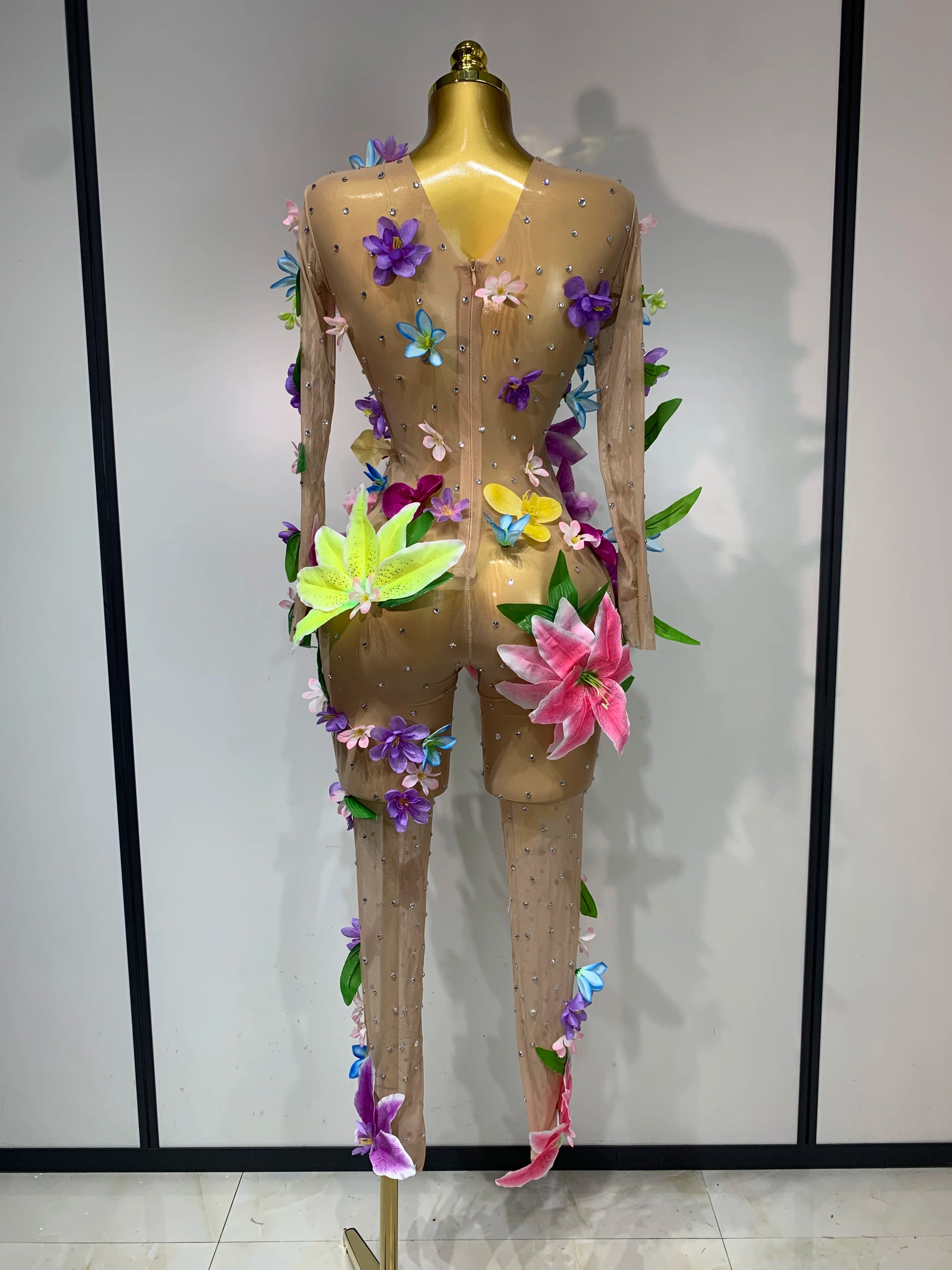Sparkly Rhinestones 3D Flower Mesh Transparent Jumpsut Women Sexy Evening Party Birthday Nightclub Performance Stage Costume