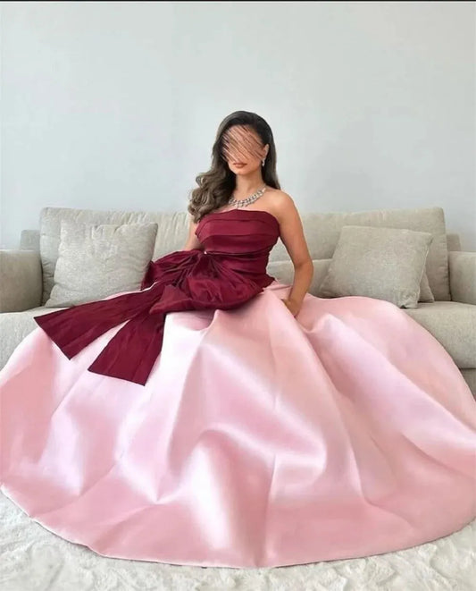 Amanda Satin A-line Strapless Ruffle Arab Prom Gown Bow Floor Length Saudi Evening Formal Elegant Party Dress for Women