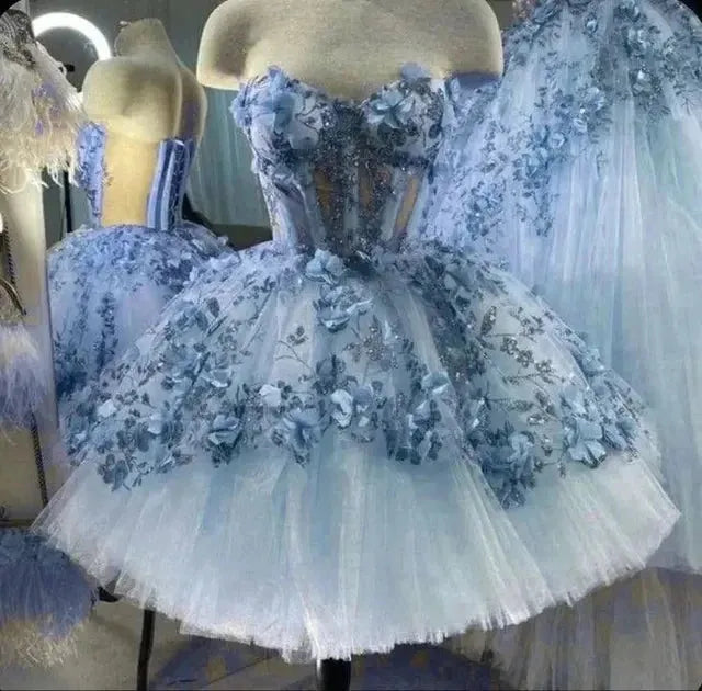 Glittering Flower Dress Ball Gown Quinceanera Dresses Sweet 15 Party Sweetheart Corest Vestidos De 15 Anos short blue