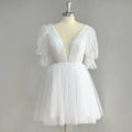 Real Photo Puff Sleeves Sparkly Tulle Mini Short Wedding Dress V Neck Backless Above Knee Shiny Bridal Gown White