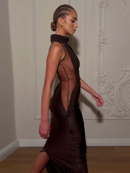 Sexy Sexy Woven Mesh Patchwork Tight Long Dress Women Sleeveless Bodycon Maxi Dresses Evening Party Cocktail Gowns 2025