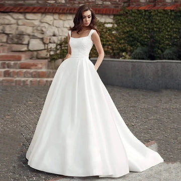Square Collar Sleeveless Lace Vestidos De Novia Satin A Line Wedding Dresses Appliques Vestido De Noiva White