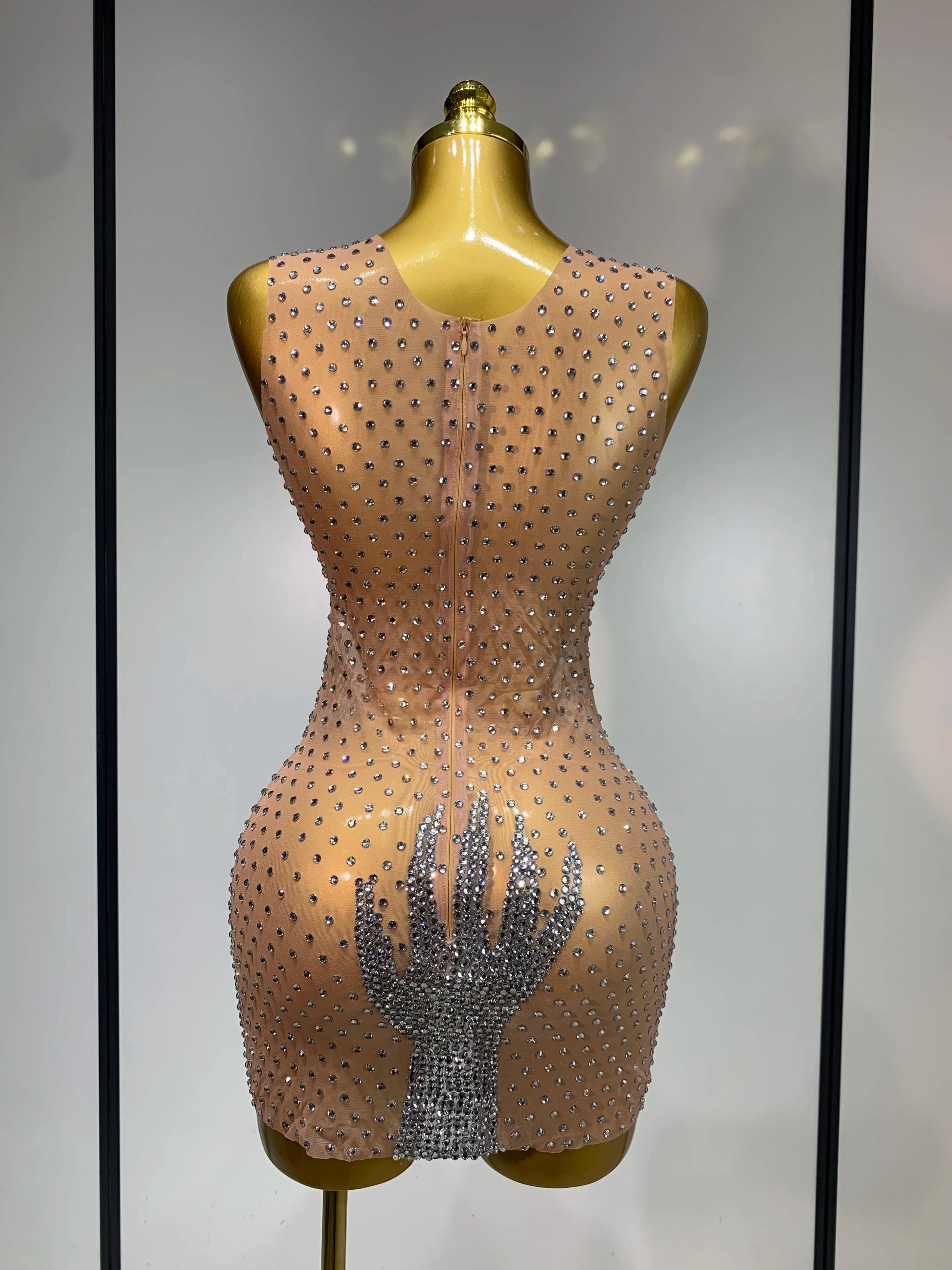 Sexy Sparkly Diamonds Mesh Transparent Stretch Mini Dress Women Evening Party Luxury Birthday Nigthclub Stage Performance Outfit