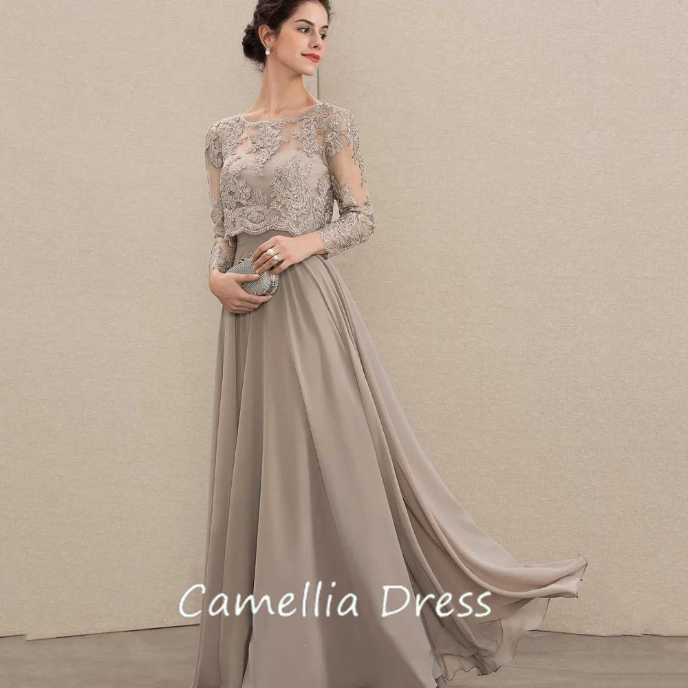 Customized Elegant A Line Chiffon Mother of Bride Dresses Long Sleeve Formal Evening Gowns Lace Bridal Party Dress