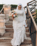 Mermaid Muslim Caftan Boho Wedding Dresses Crochet Lace Ruched Long Sleeve Middle East Hijab Bridal Gown Garment Customsized