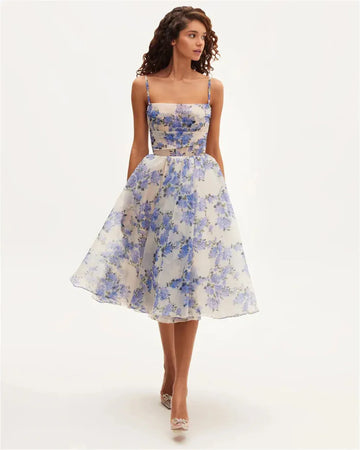 Hydrangea Spaghetti Strap Midi Dress Sweet Knee Lenght Vestidos De Noche Blue Printing Short Lenght Prom Dresses