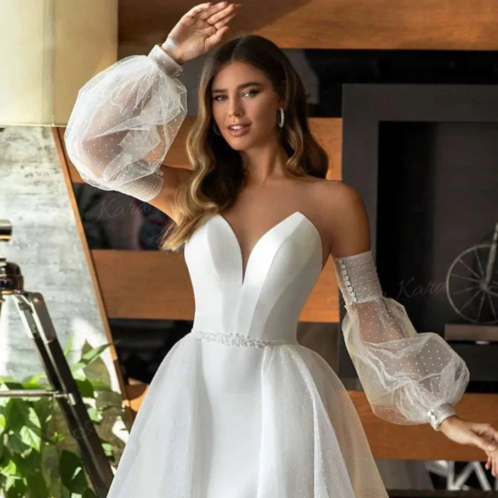 Luxury Wedding Dress For Women A-Line Strapless Mermaid Bridal Gowns Vintage Satin Beach Plus Size Vestidos De Novia W30147