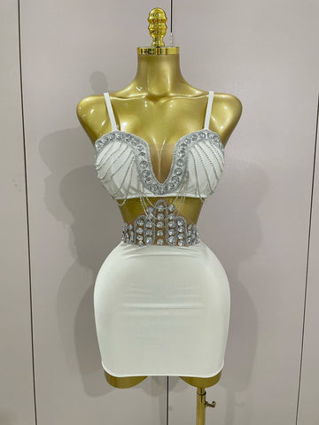 Luxury Shiny Diamond Chain White Sexy Sleeveless Bodycon Mini Dress Evening Birthday Party Nightclub Stage Costume WHITE