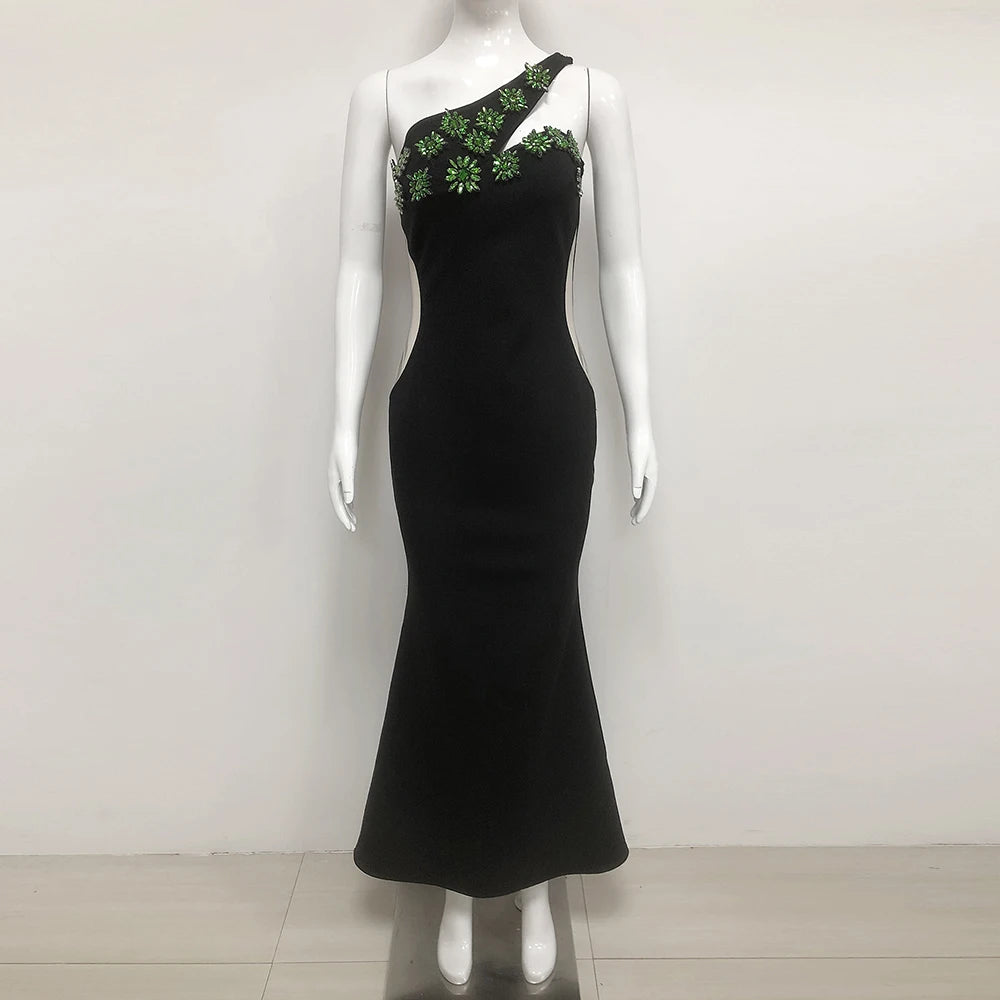 Shining Diamond Women Long Dresses Fashion One Shoulder Sleeveless Bandage Vestidos Female Bodycon Evening Cocktail Party Gowns black