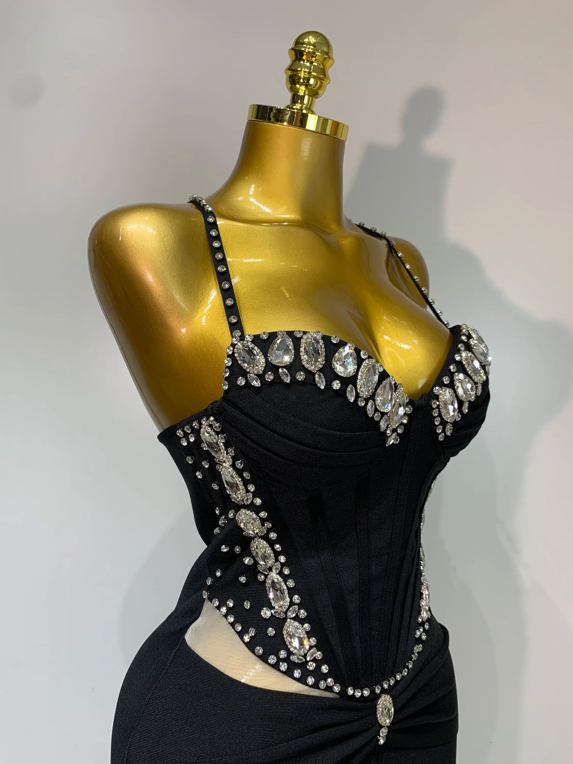 Women New Black Pink Bandage Dress Spaghetti Strap Rhinestones Luxury Birthday Evening Party Dress One Piece Elegant Gala Gowns
