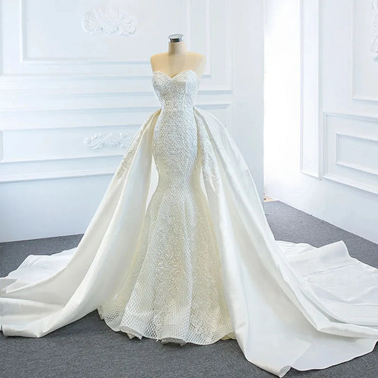 Arrivals 2 Pieces Pearls Lace Mermaid Wedding Dress With Detachable Chapel Train Vestido De Noiva Sereia 2 Em 1