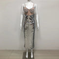 New Women Summer Sexy Backless Pearl Beads Diamonds Silver Sequin Midi Bodycon Dress 2025 Elegant Evening Party Gowns Vestido Silver