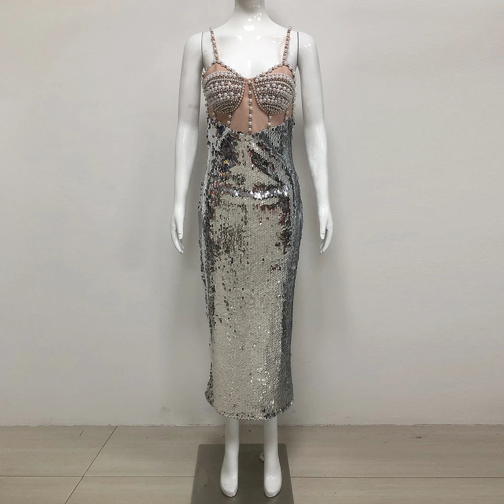 New Women Summer Sexy Backless Pearl Beads Diamonds Silver Sequin Midi Bodycon Dress 2025 Elegant Evening Party Gowns Vestido Silver