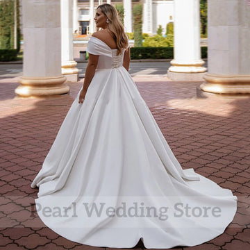 Simple Satin Wedding Dress V-Neck Off the Shoulder Short Sleeves Plus Size Bride Gowns Classic A-Line Floor Vestidos De Novia