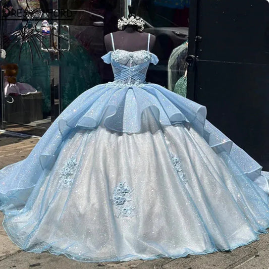Glittering Blue 3D Flower Quinceanera Dresses Beading Floral Lace Crossed Tulle Vestidos De 15 Anos Birthday Party As Picture