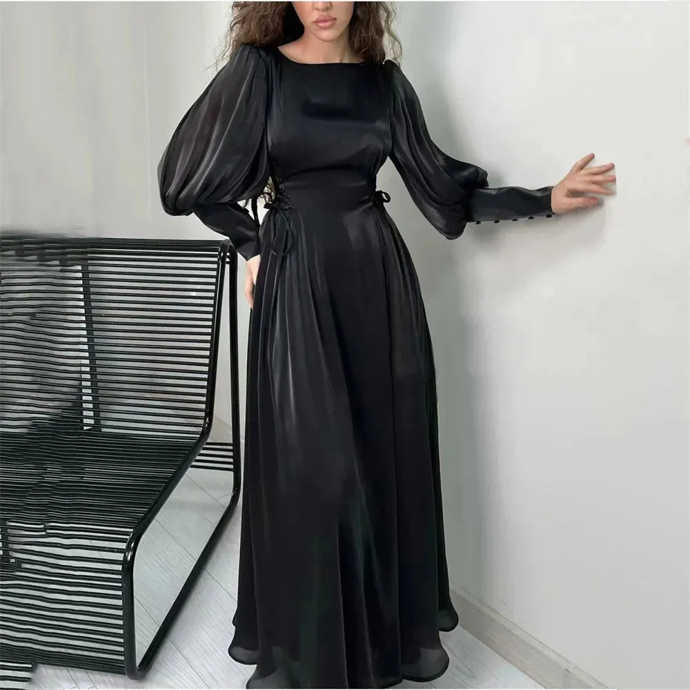 Bella Muslim Silk Satin Prom Dresses Modest A-line Wedding Dress Elegant Long Sleeves Ankle-Length Pleat Vestidos De Fiesta Black