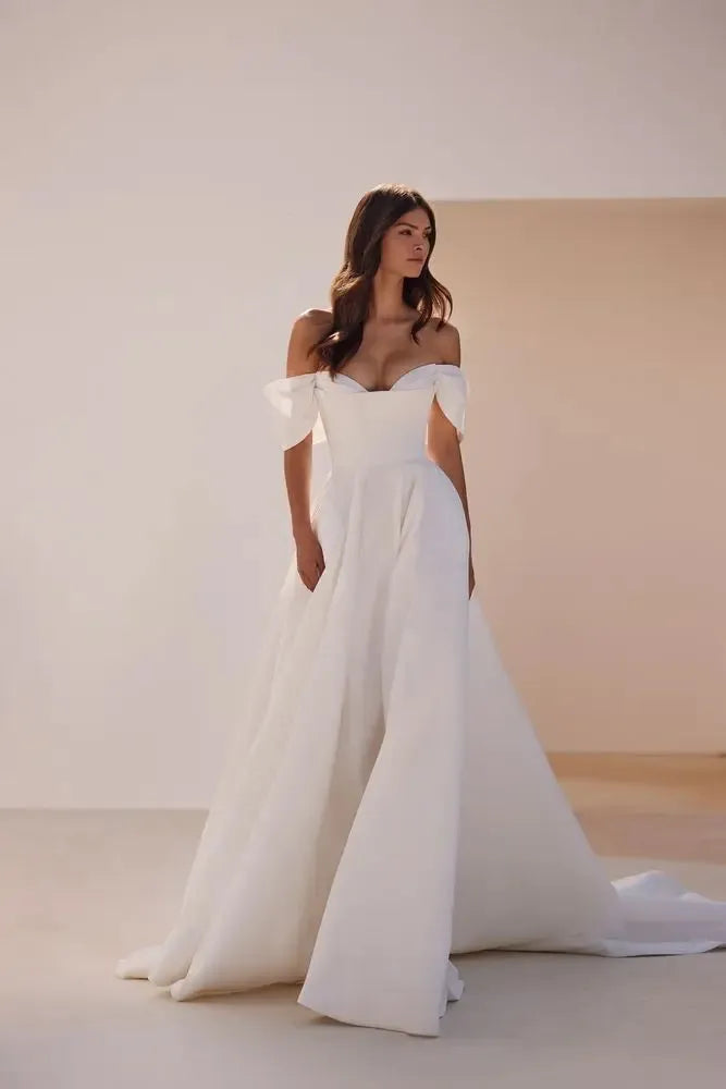 Off-the-shoulder V-neck Wedding Dresses Sweep Train Formal Bridal Grown Vestido De Noival