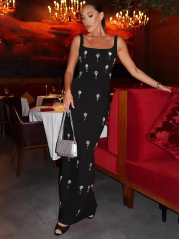 Elegant Women Light Luxury Nail Bead Bandage Dress Camisole Square Neck Sleeveless Bodycon Long Dress Evening Party Vestido