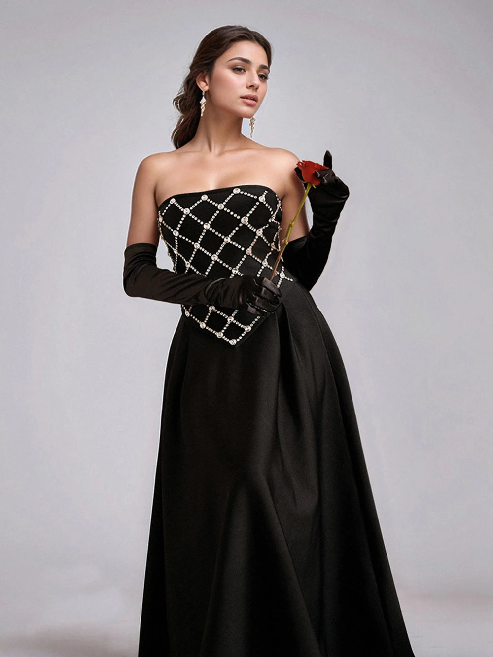 Elegant Black Backless Diamond High waist Long Dress Bandage Women's Sexy Strapless Sleeveless Evening Festival Party Gowns