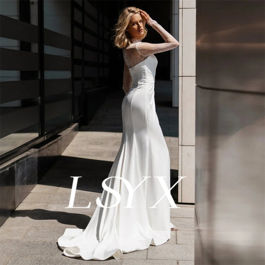 High Neck Long Sleeves Pleats Lace Mermaid Wedding Dress High Side Slit Illusion Zipper Back Court Train Bridal Gown