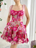 Sansa Sweet Fuchsia Flower Mini Prom Dress Princess 3D Lace Short A-line Vestidos De Noche With Pocket Pink