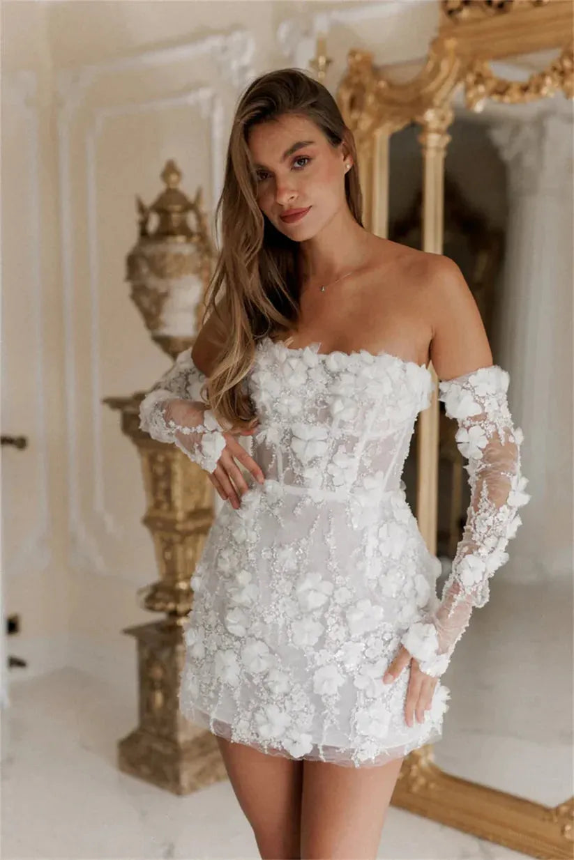 White Mini Prom Dresses Flower Lace Embroidery Evening Dress Elegant Off Shoulder Detachable Sleeves vestidos de fiesta