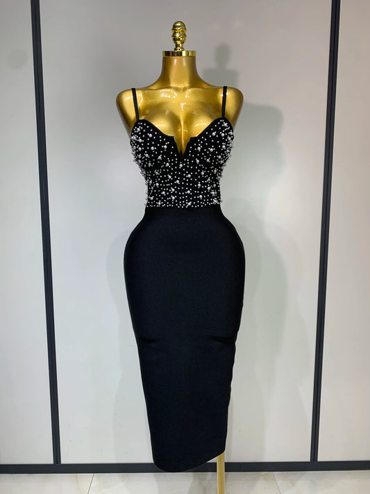 Women Sexy V-neck Elegant Pearl Bodycon Bandage Dress 2025 Celebrity Evening Prom Club Luxury Birthday Party Nightclub Dresses black