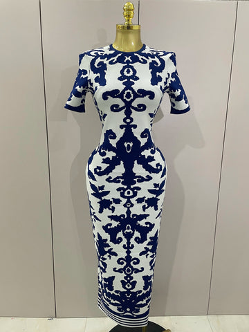 Sexy Short Sleeve Jacquard Blue Bandage Bodycon Long Dress Women Celebrity Elegant Evening Club Party Luxury Dresses Blue